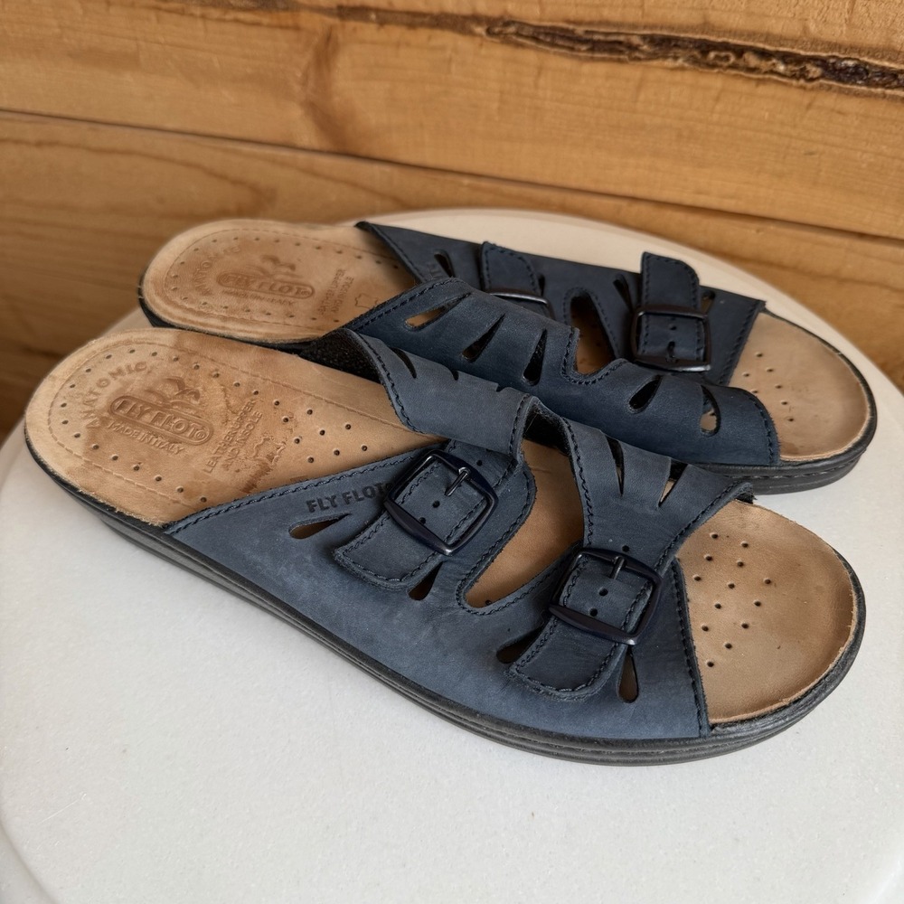 Fly Flor Leather Strappy Anatomical Sandals Slides 40 Italy Boho Granola Blue